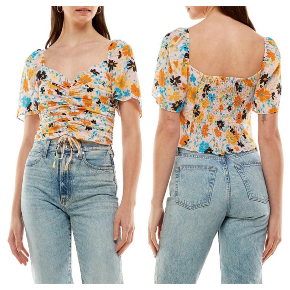 WAYF Secrets Kept Pink Floral Ruched Crop Top Extra Large NWOT